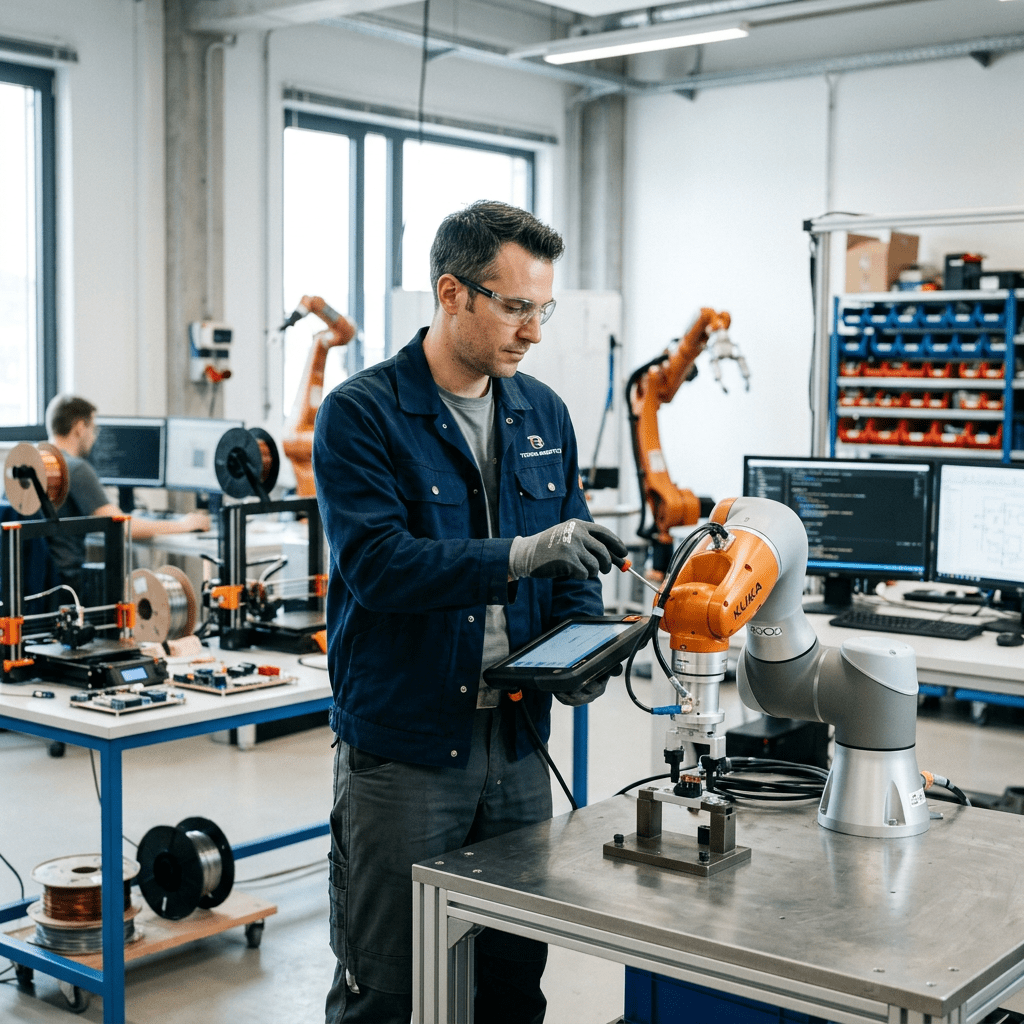 Technicien en robotique Engineer programming an orange and gray robotic arm in a laboratory