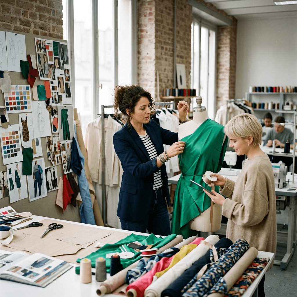 Two designers working on a green fabric dress on a mannequin in a fashion studio